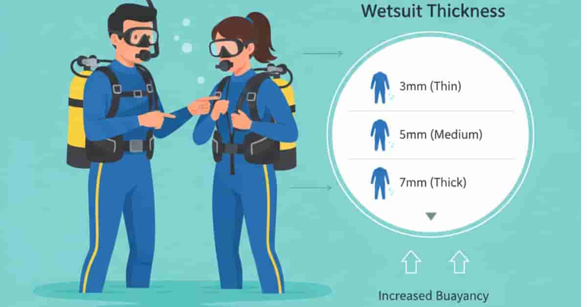 Scuba diver wearing a 3mm wetsuit with instructor in shallow water, dropdown showing wetsuit thickness options 3mm, 5mm, 7mm on right side