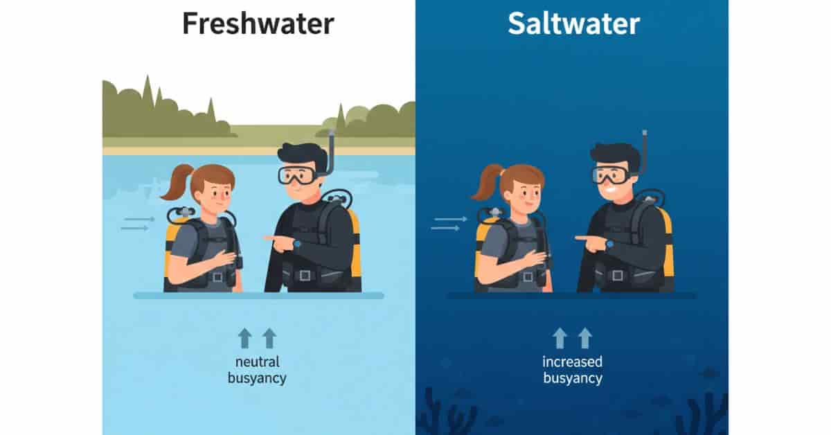 Side-by-side illustration of diver in freshwater and saltwater, instructor guiding, infographic labels indicating water type and buoyancy differences