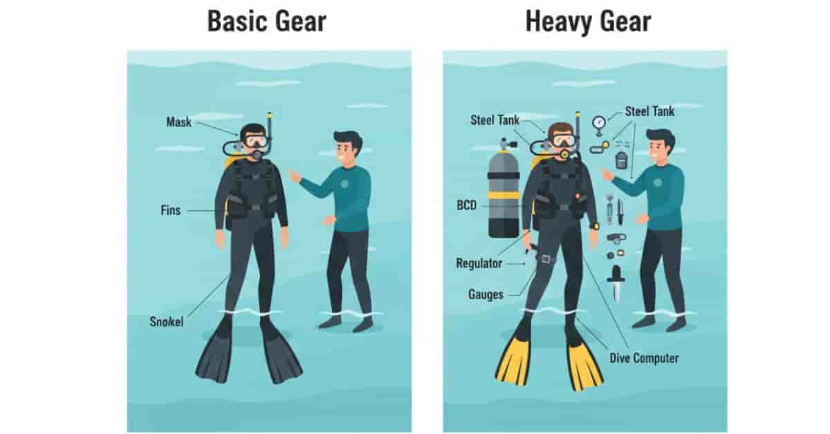 Comparison of scuba gear setups: basic gear with mask, fins, snorkel and heavy gear with steel tank and accessories, diver and instructor in shallow water