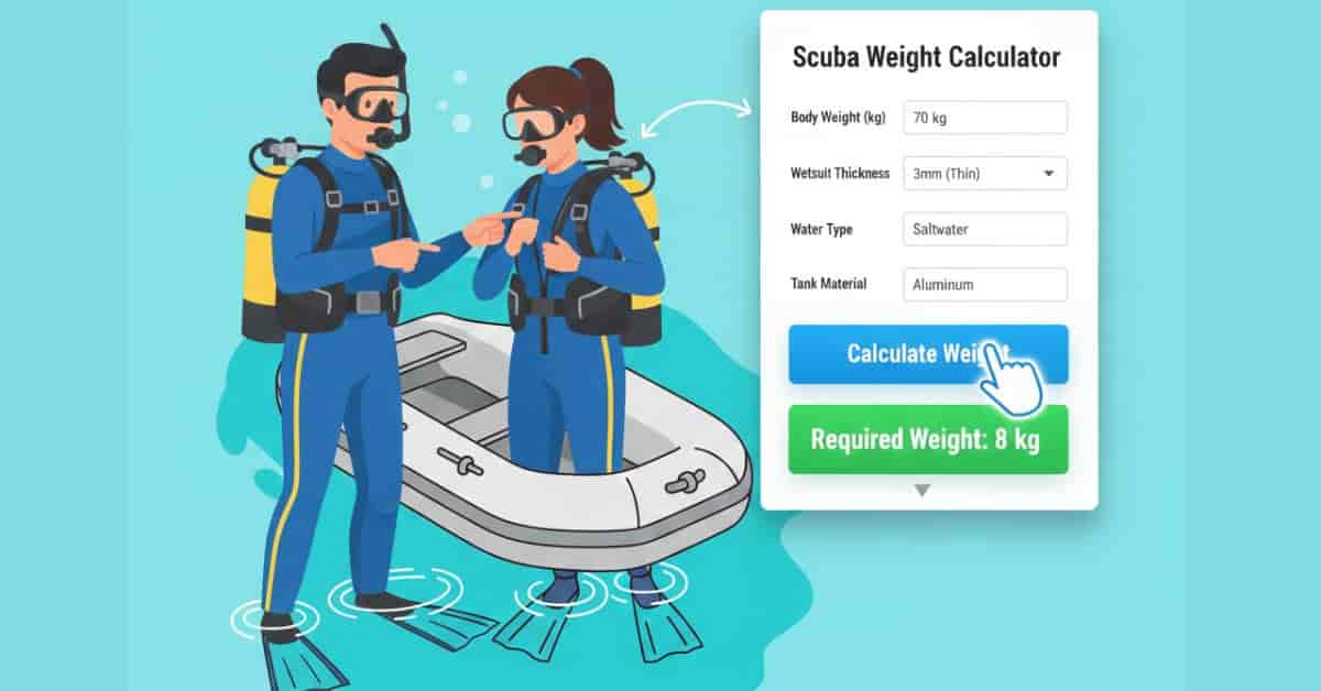 Beginner scuba diver observing calculator interface with Calculate Weight button highlighted, instructor guiding in shallow water
