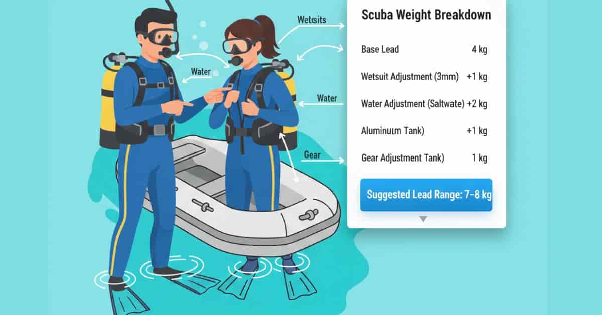 Diver checking weight belt with instructor, calculator results panel showing base lead, wetsuit adjustment, water adjustment, gear adjustment, suggested lead weight range