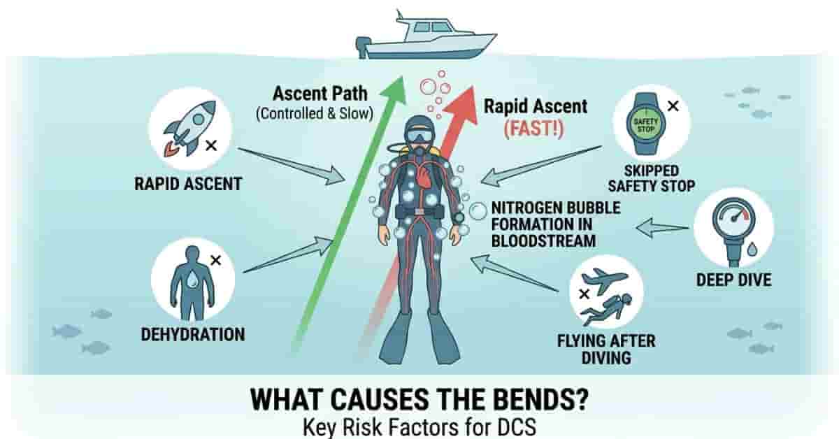 Infographic showing causes of decompression sickness including rapid ascent and skipped safety stops.