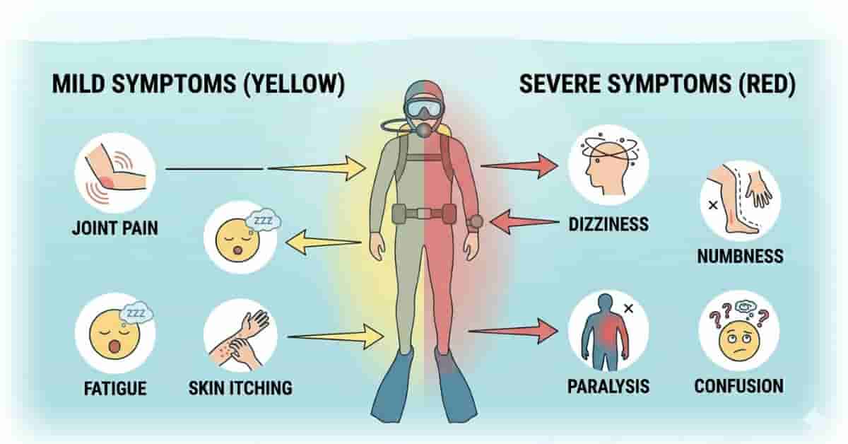 Vector infographic showing mild and severe decompression sickness symptoms in scuba divers.