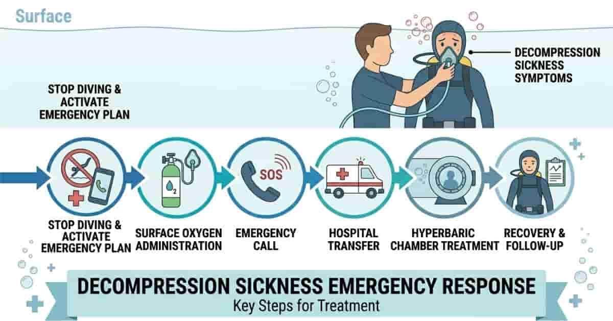 Infographic showing emergency treatment steps for decompression sickness in scuba diving.