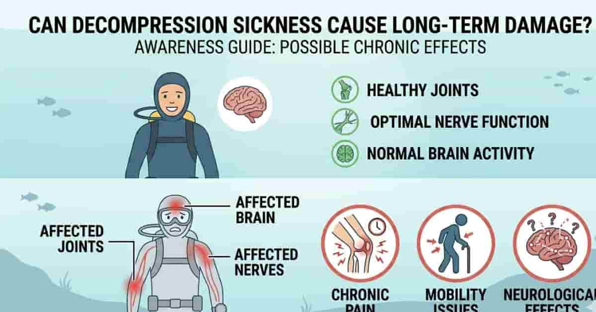 Vector diagram showing potential long-term effects of decompression sickness on body joints and nerves.