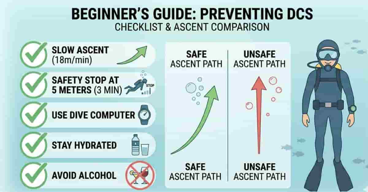 Vector infographic showing scuba diving safety tips to prevent decompression sickness.