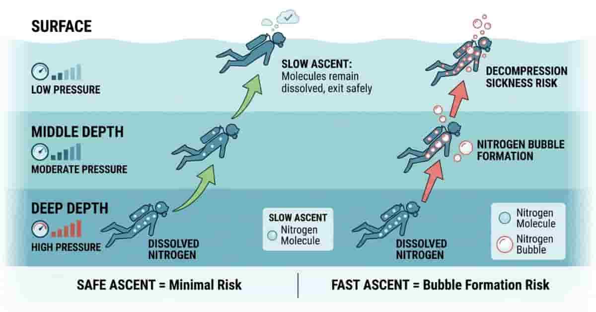2D vector diagram explaining decompression sickness, showing nitrogen bubbles forming during rapid scuba ascent.