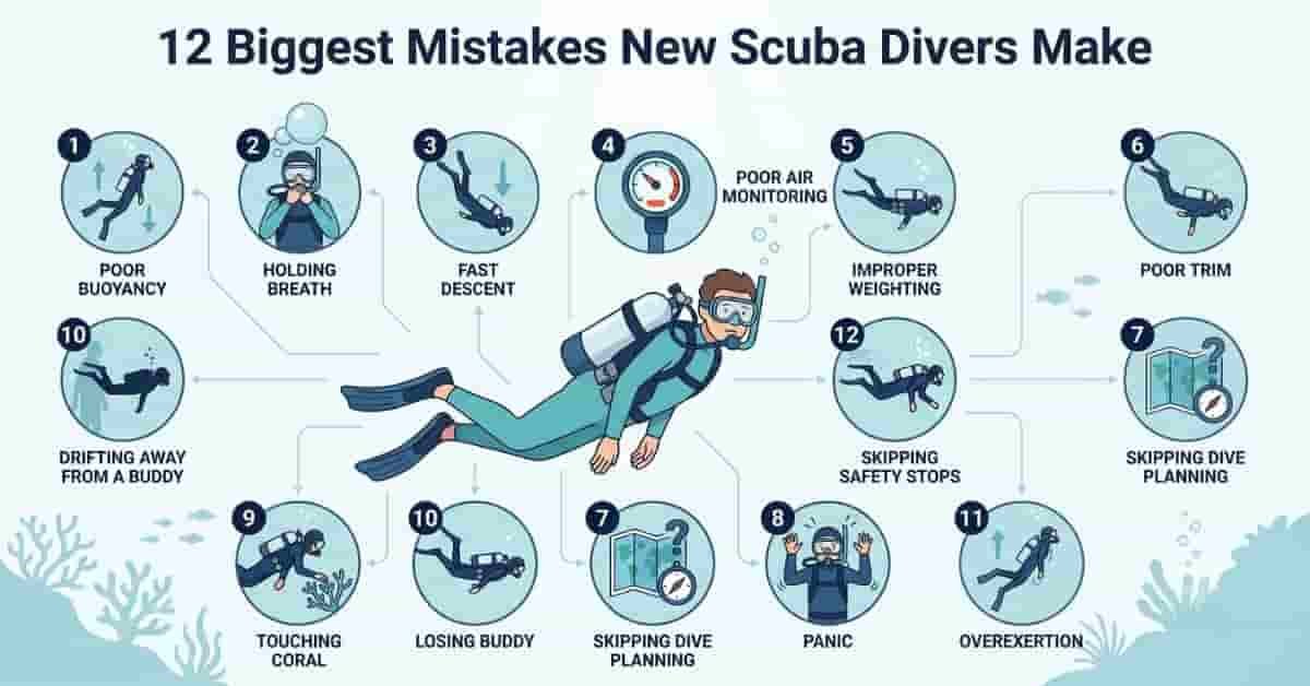 2D infographic showing the 12 biggest mistakes new scuba divers make with labeled educational icons.
