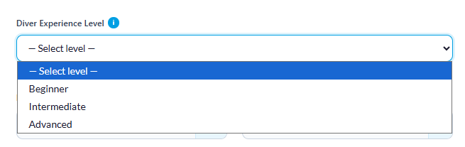 Selecting the diver experience level in the Basic Scuba Diving Calculator.