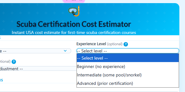 Selecting experience level and U.S. training location in the scuba certification cost calculator.