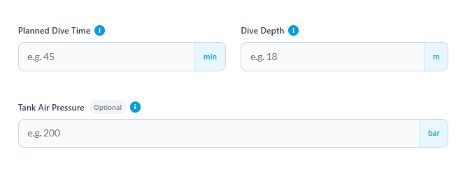 Entering planned dive time, dive depth, and optional tank pressure into the scuba diving calculator.