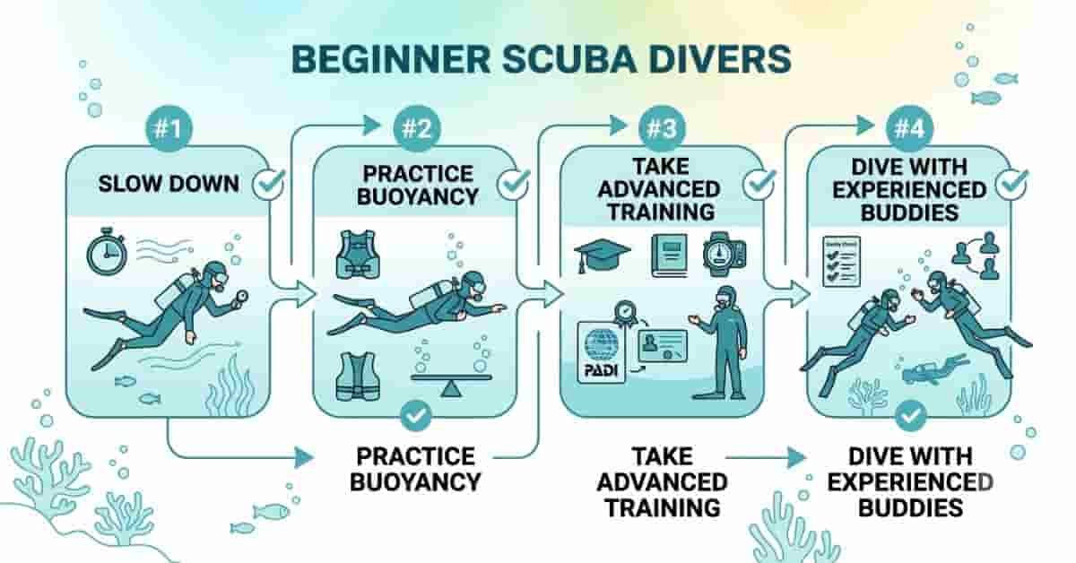 2D infographic showing four simple ways beginner scuba divers can avoid common learning mistakes.