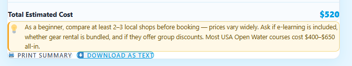 Printing or downloading the scuba certification cost estimate for future reference.