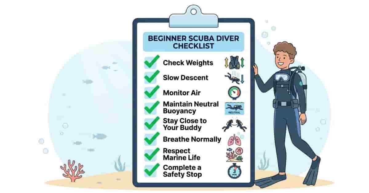 2D scuba diving checklist infographic showing essential safety steps for beginner divers before every dive.