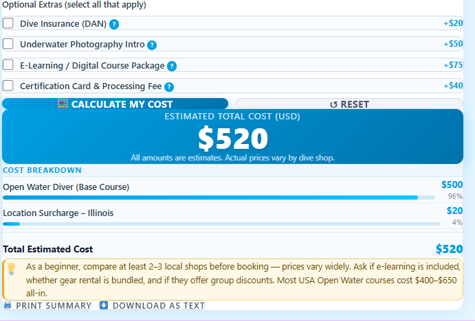 Detailed cost breakdown showing scuba course fees, gear rental, and total estimated certification cost.