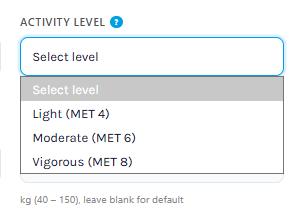 Selecting the scuba diving activity level in the calorie calculator.