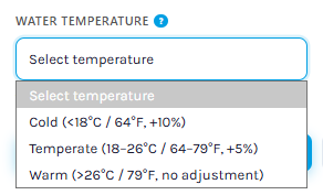 Choosing the water temperature in the Scuba Diving Calories Burned Calculator.