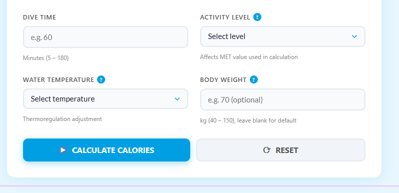 Viewing estimated calories burned after using the Scuba Diving Calories Burned Calculator.