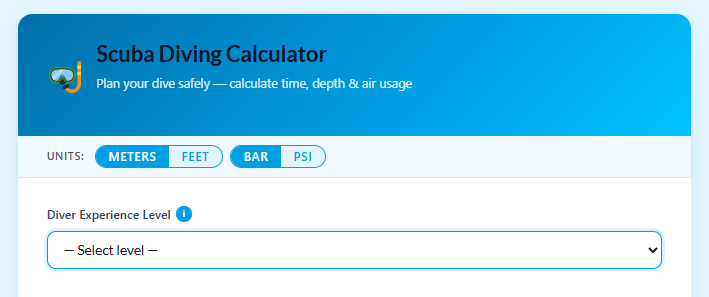 Selecting meters or feet and bar or PSI in the Basic Scuba Diving Calculator before entering dive information.