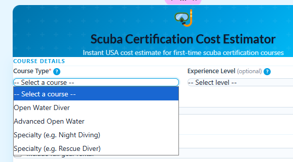 Selecting the scuba certification course type in the Scuba Certification Cost Estimator.