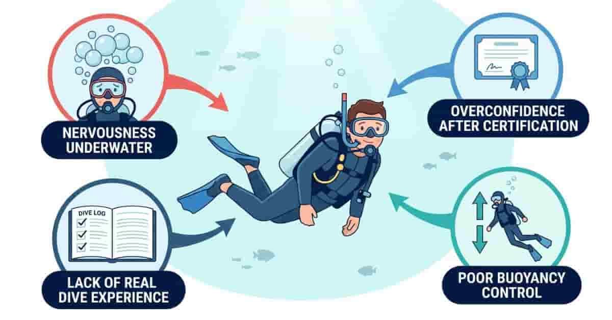 2D infographic explaining why beginner scuba divers make mistakes, including overconfidence, nervousness, poor buoyancy, and limited diving experience.