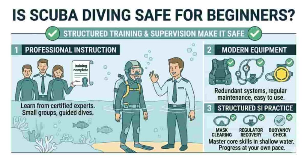2D vector infographic illustrating beginner scuba diving safety with instructor guidance and safety equipment.