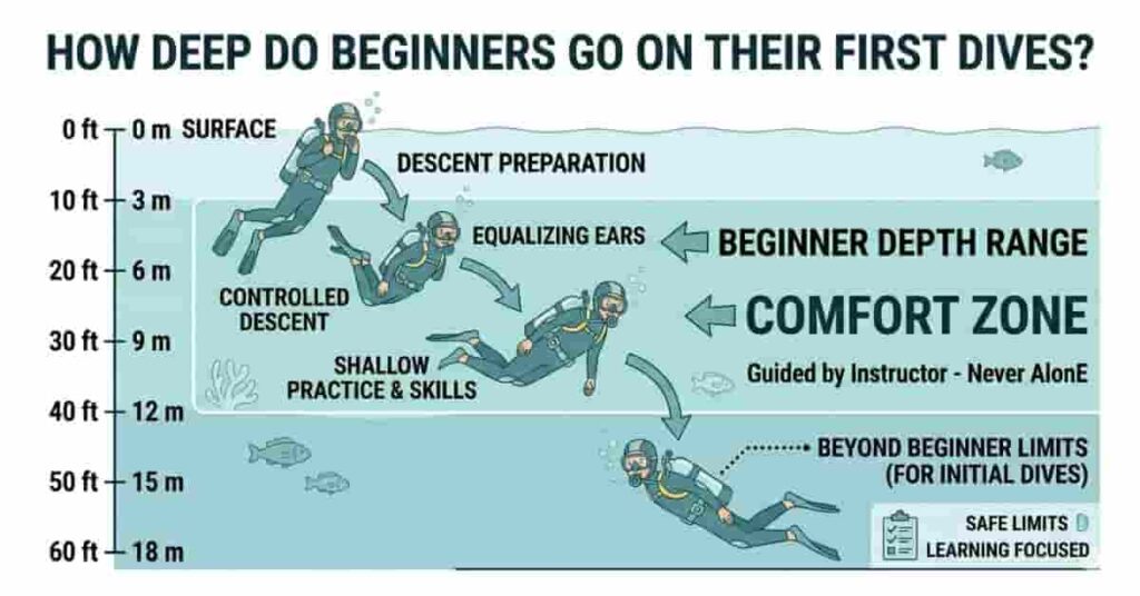 Beginner scuba diving depth chart showing safe shallow range and gradual descent illustrated in 2D vector style.