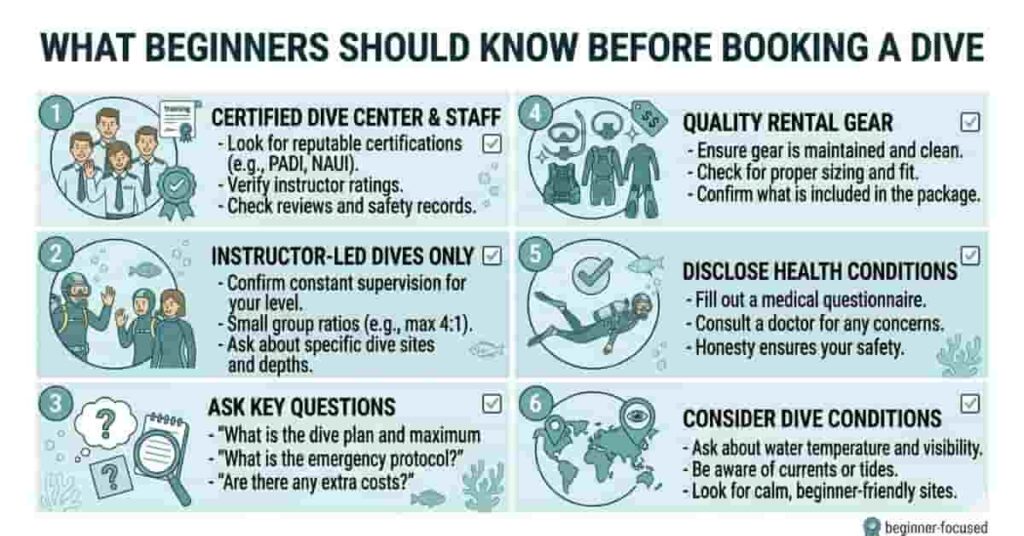 2D vector infographic showing essential things beginners should check before booking a scuba dive.