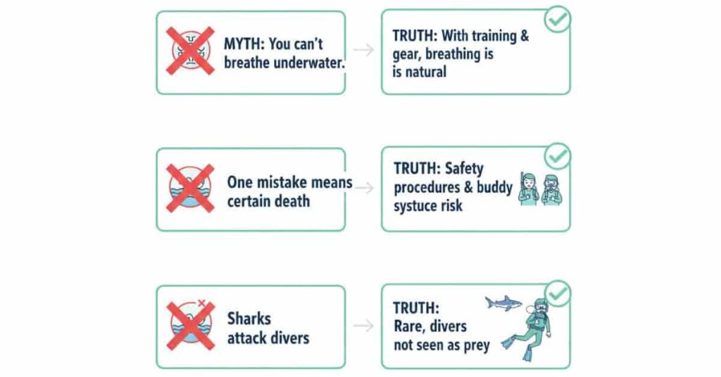 Infographic debunking common scuba diving myths for beginners