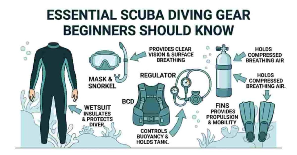 Educational 2D vector infographic showing labeled scuba diving gear for beginners including mask, regulator, BCD, tank, fins, and wetsuit.