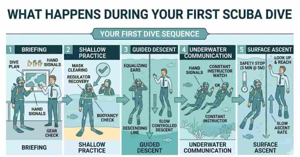 Beginner-friendly 2D vector infographic showing step-by-step process of a first scuba dive from briefing to ascent.