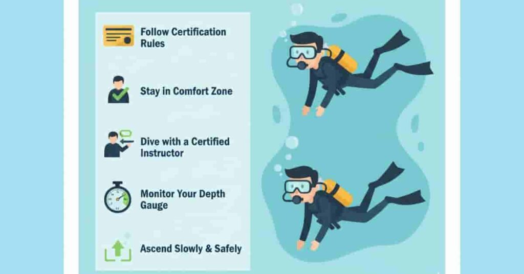 Checklist infographic showing beginner scuba diving safety tips: follow rules, stay comfortable, dive with instructor, monitor depth, ascend slowly.