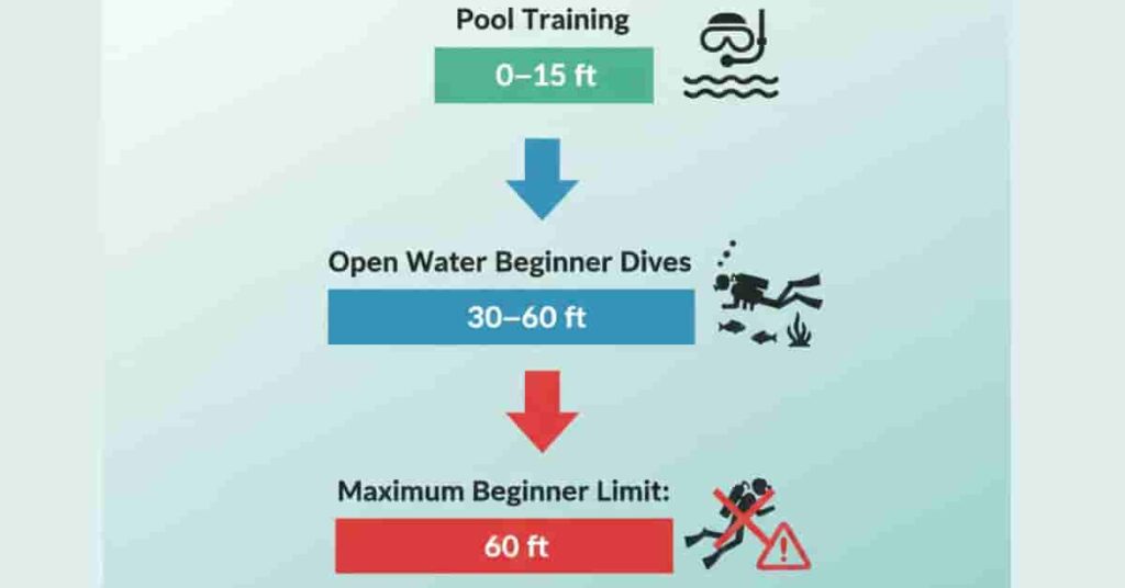 Infographic showing safe depth ranges for beginner scuba divers in pools and open water.