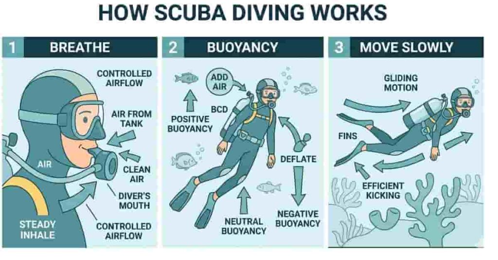 Step-by-step 2D vector diagram illustrating breathing, buoyancy, and movement for beginner scuba divers.