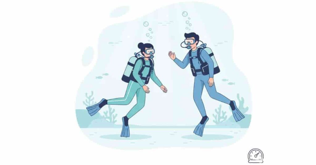 Is scuba diving dangerous for beginners illustrated with a calm beginner diver and instructor underwater