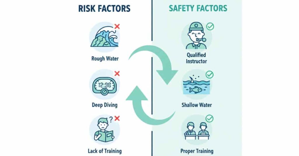 Infographic explaining whether scuba diving is actually dangerous for beginners with risks and safety factors