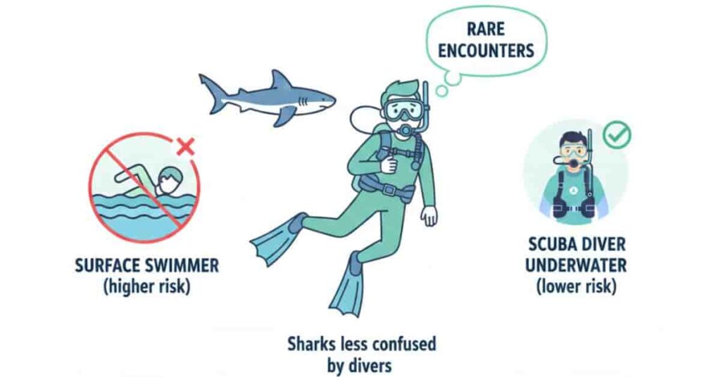 Illustration showing that scuba diving is safe from sharks and shark encounters are rare
