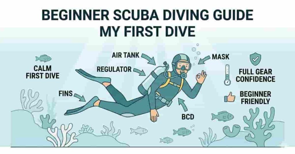 Beginner scuba diver underwater in full gear illustrated in clean 2D vector style for scuba diving basics guide