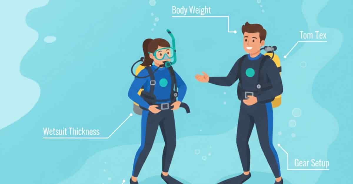 Beginner scuba diver swimming calmly underwater with clear blue ocean background for scuba diving guide website