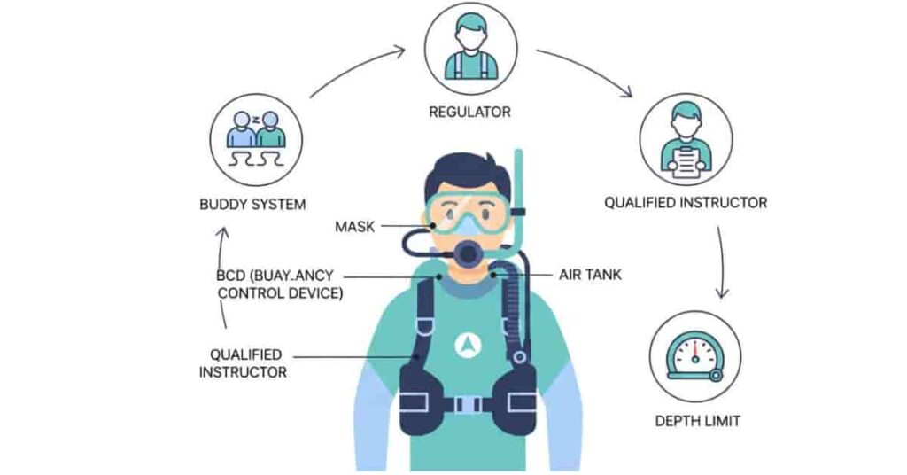 Diagram showing what makes scuba diving safe for beginners including training, depth limits, and equipment