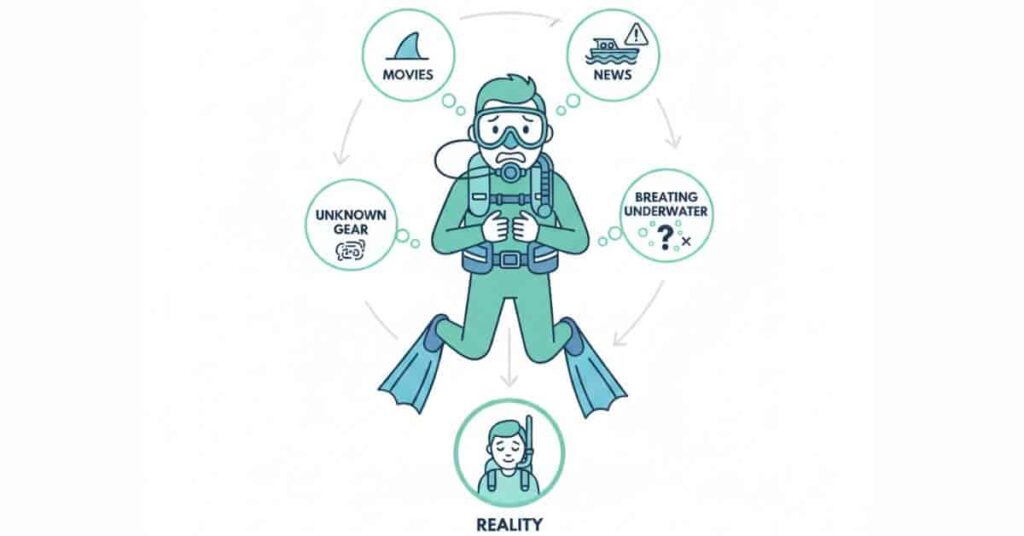 Illustration showing why beginners think scuba diving is dangerous due to media influence and lack of knowledge