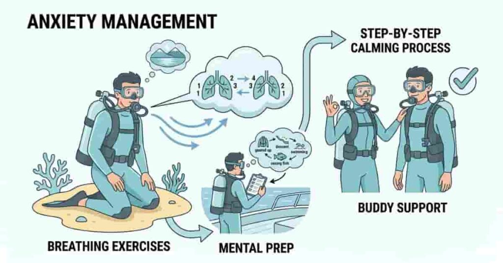 Beginner scuba diver using breathing exercises, mental preparation, and buddy support to manage first time scuba diving anxiety.