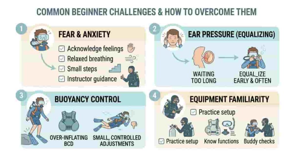 Infographic of common beginner scuba challenges with labeled solutions for first-time divers.