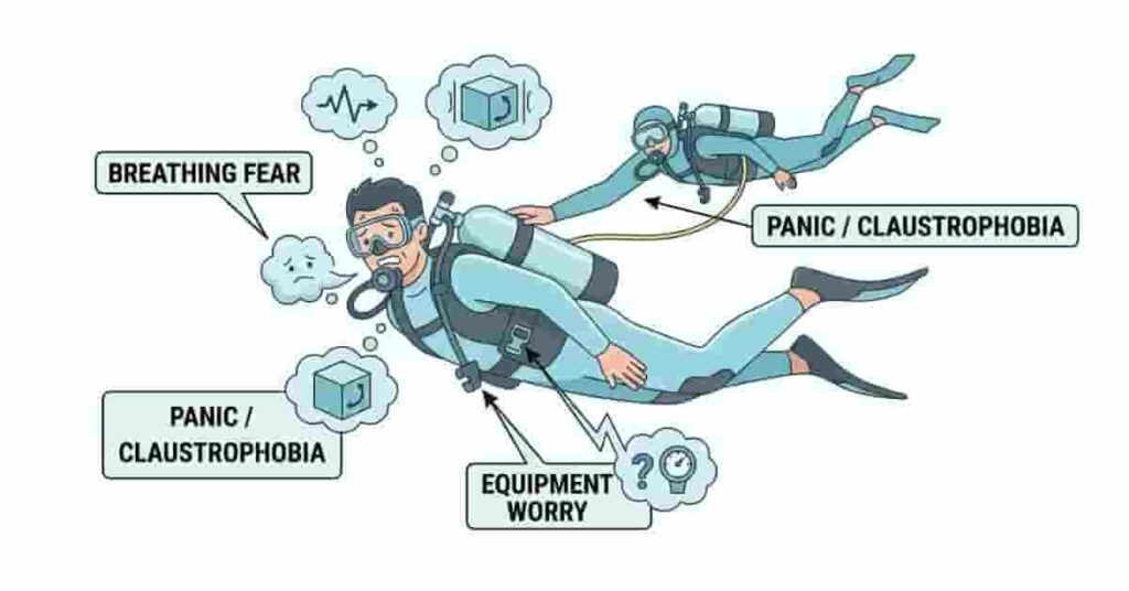 Beginner scuba diver underwater with labeled callouts showing common fears like breathing anxiety, panic, and equipment concerns.