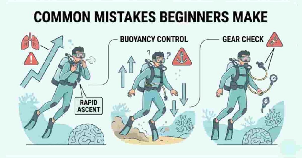 Beginner scuba diver illustrating common mistakes like rapid ascent, poor buoyancy, and unchecked equipment.