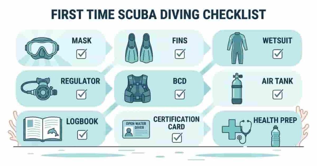 First time scuba diving checklist infographic showing essential gear, documents, and personal preparation.