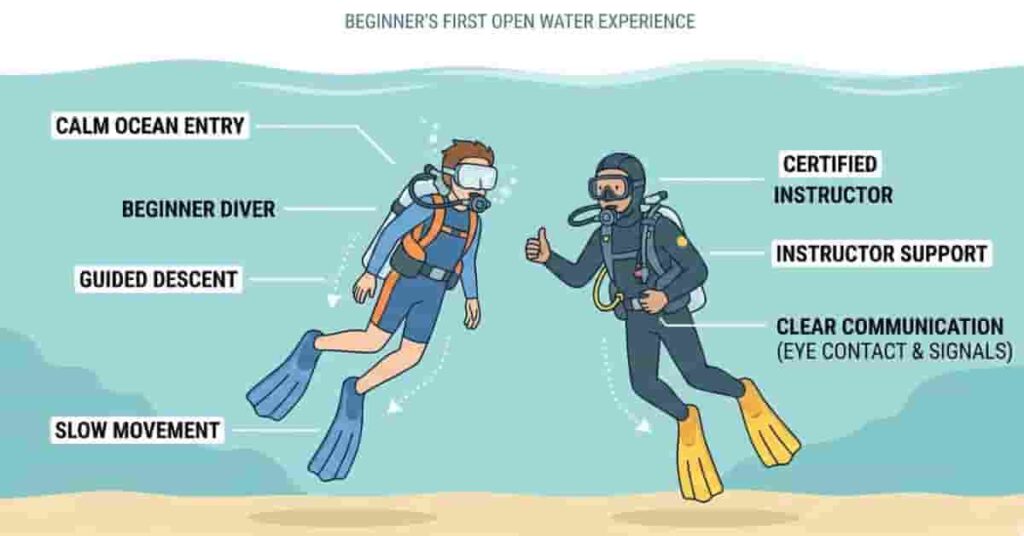Beginner scuba diver guided by instructor during first time scuba diving experience underwater.