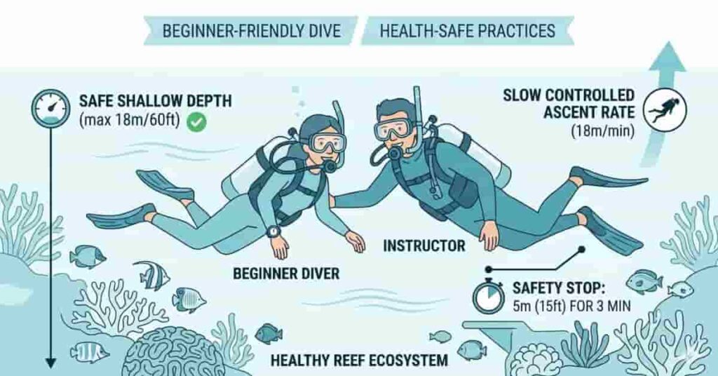 2D vector illustration of a beginner scuba diver exploring underwater with an instructor, highlighting safe diving practices for long-term health.