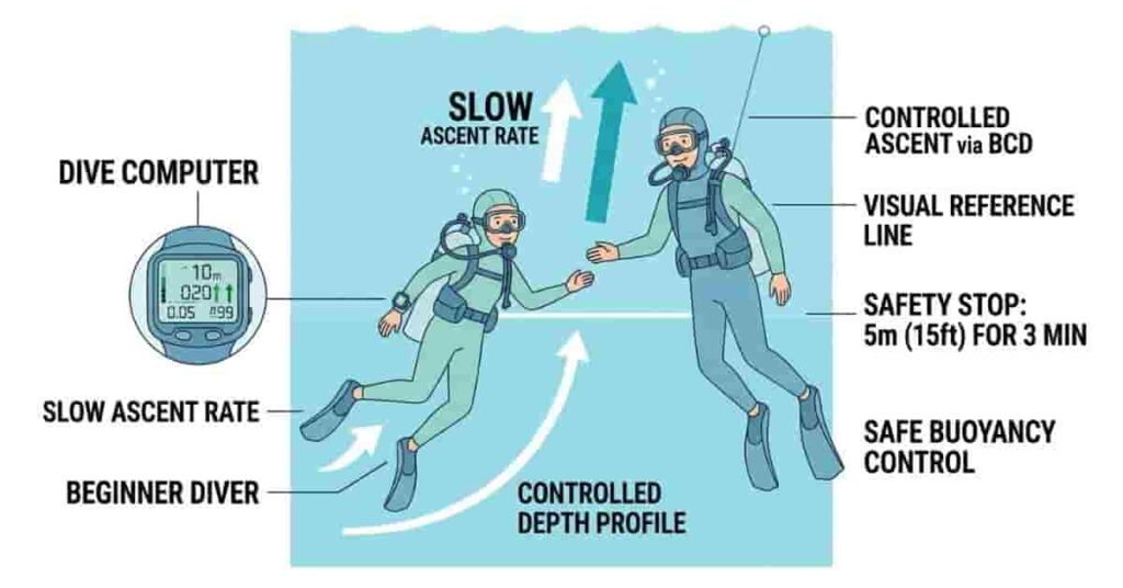 2D vector illustration of a beginner scuba diver safely ascending with instructor guidance, highlighting safety stops, dive computer, and controlled depth for long-term health.