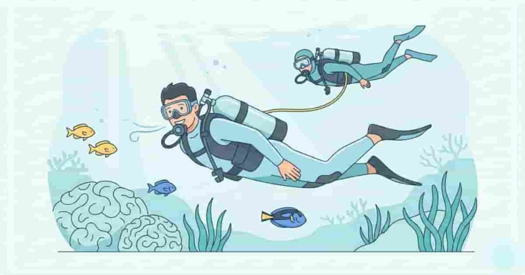 Beginner scuba diver confidently exploring underwater with buddy support, demonstrating calm first-time dive experience.